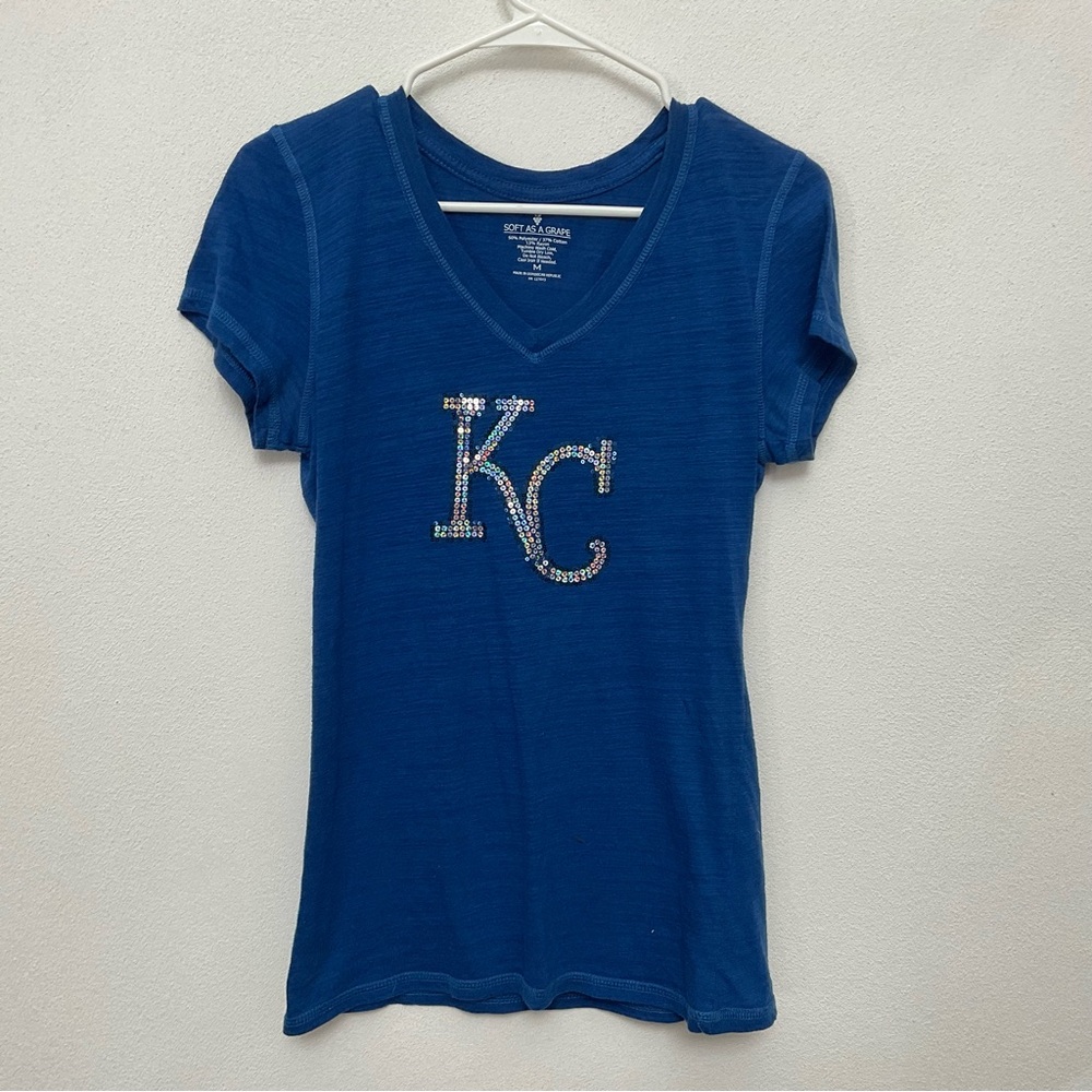 Soft As A Grape Kansas City Royals Sparkle Logo Blue V-Neck Tee Size M Baseball